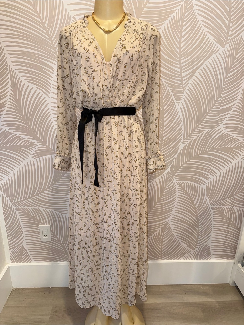 NAF NAF Cream Floral Maxi Dress with Black Waist Tie